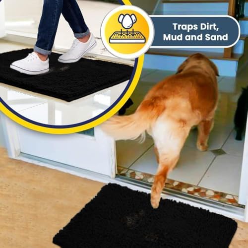 Muddy Mat® | Super Water Absorbent Door Mat Indoor, Microfiber Quick Dry Chenille Entryway Rug, Slip Resistant Front Door Mat, Indoor Mats for Entryway, Machine Washable Pet Rug,-Black Runner 24"X60"