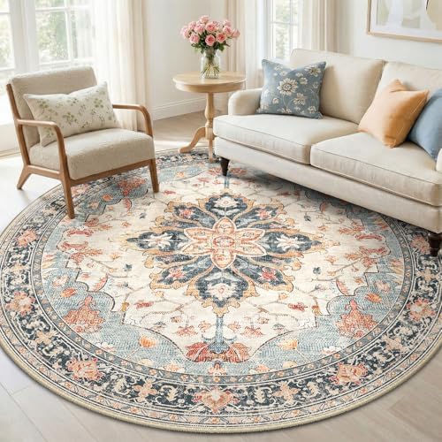 RELEANY Washable Area Rug, Round 6ft, Beige/Blue/Orange