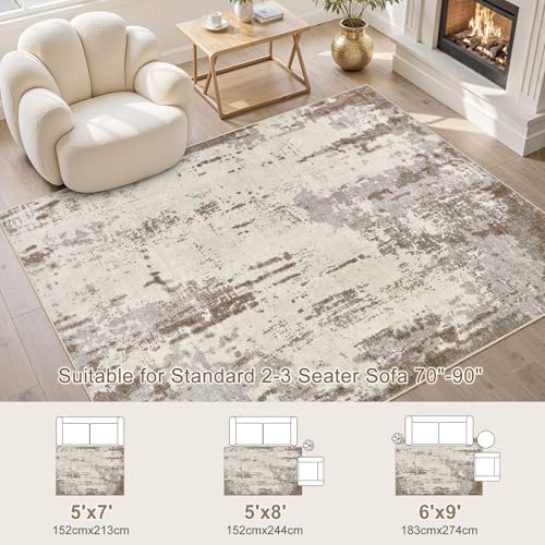 UERMEI 5x7 Area Rug Living Room Rugs - Washable Neutral Modern Abstract Soft Thin Rug Indoor Floor No Slip Rug Carpet for Bedroom Under Dining Table Home Office Decor - Brown/Grey/Beige