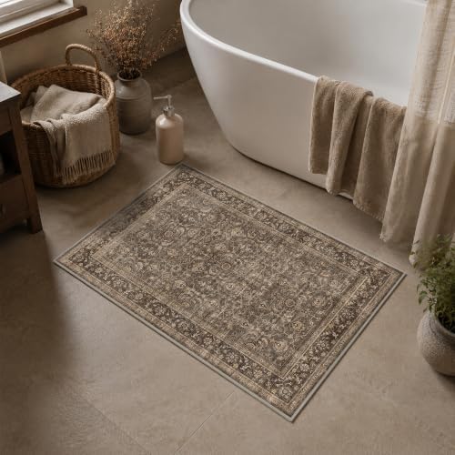 JOOJA 6x6 Dark Brown Vintage Low Pile Washable Boho Round Living Room Rug