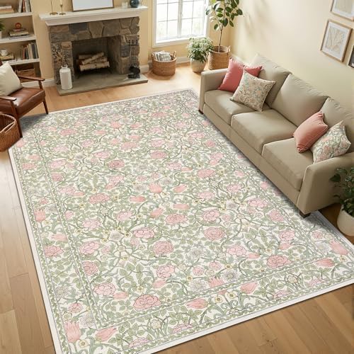 GarveeHome Pink Green Beige Floral Washable Rug 5x7 for Bedroom Living Room