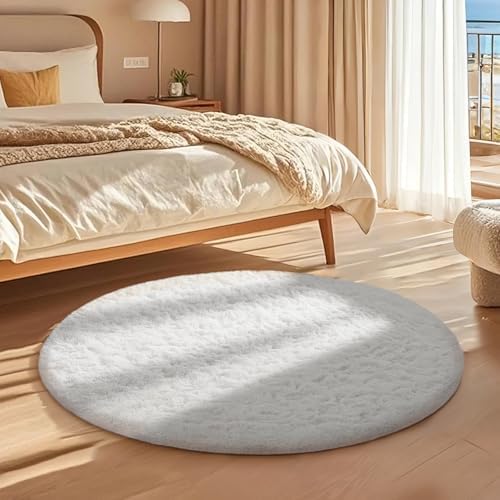 Ophanie Round Rug 4Ft White Circle Area Rug, Aesthetic Room Decor, Fluffy Fuzzy Bedroom Carpet, Plush Soft Shaggy Living Room Rugs for Kids Home, Nursery with 99 pcs Pile fibers