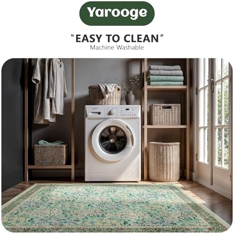 6x9 Area Rugs, Washable Floral Area Rugs for Living Room, Indoor Area Rug for Bedroom, Dining Room, Low Pile Non-Slip Non Shedding Rug(Green Floral)