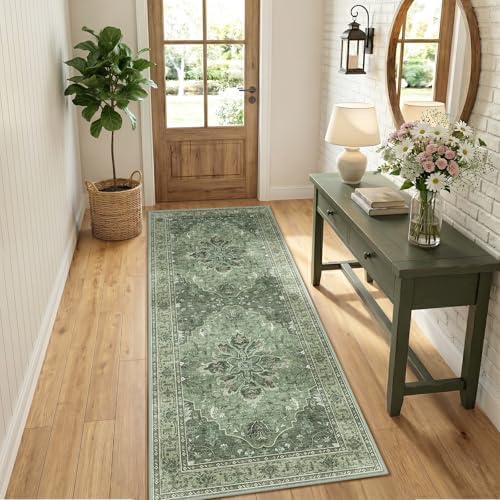 RELEANY Washable Area Rug, Runner 3'x8', Green/Dark Green/Gray