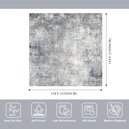 11x11 Square Area Rug for Living Room–Washable Non-Slip Soft Large Rug for Bedroom Playroom – Low-Pile Stain-Resistant Modern Abstract Neutral Indoor Carpet (Blue Grey, 11x11)