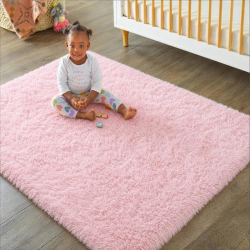 Ophanie Pink Area Rugs for Bedroom Girls, 5x7 Kids Fluffy Fuzzy Furry Shag Carpet, Plush Soft Cute Baby Shaggy Bedside Indoor Floor Rug for Teen Dorm Decor, Nursery with Over 99 pcs Pile fibers