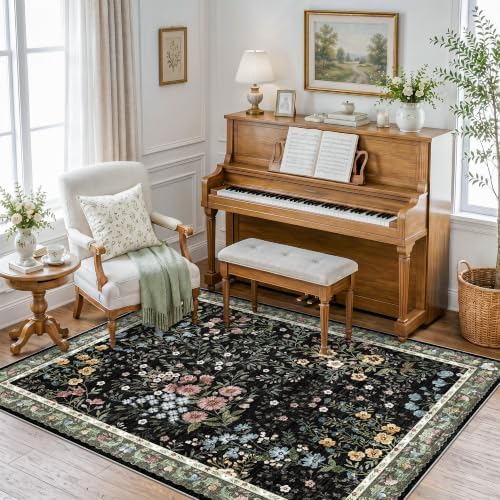 5x6 Washable Entryway Area Rug: Non Slip Floral Washable Entry Rug Living Room Area Rug for Indoor Floor Kitchen Bedroom - Soft Thin Door Mat Carpet Boho Vintage Home Decor (5'x6', Black)