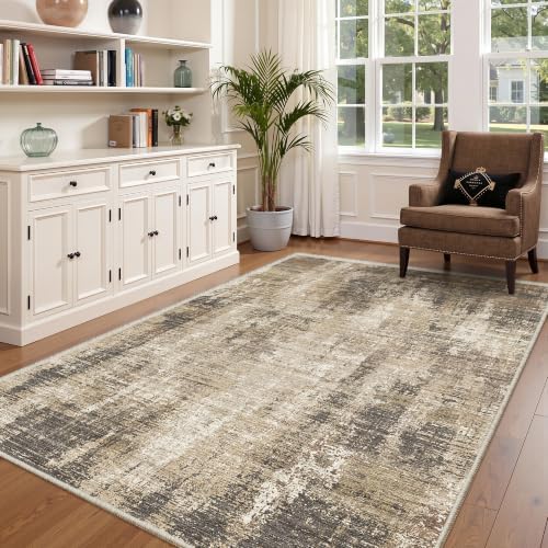 Valenrug 5x8 Area Rug, Abstract Large Washable Rugs for Living Room, Taupe