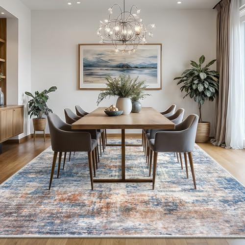 IOHOUZE Abstract Area Rugs 8x10 Ft Washable Large Rugs for Living Room, Non Slip Dining Room Rug, Printed Faux Wool Rugs for Bedroom, Floor Carpet for Office Nursery Playroom, Blue Rust