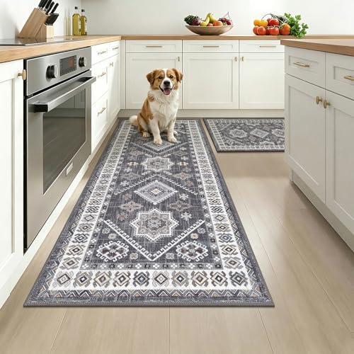 HEBE Boho Kitchen Rugs Set of 2, Non Slip Washable Kitchen Mats for Floor