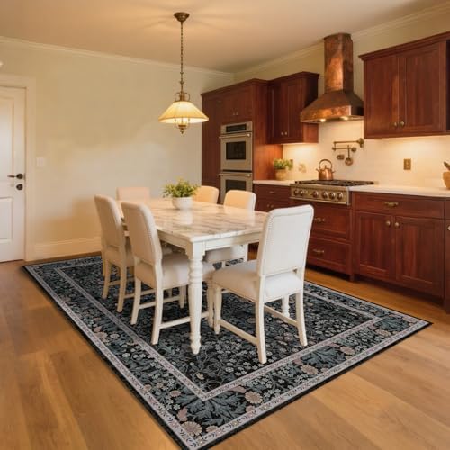 5x7 Washable Area Rugs for Living Room Soft Carpet (Black Flora)