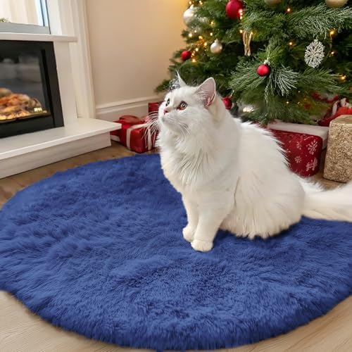 OLANLY Navy Blue Round Rugs for Bedroom - Machine Washable, 3 ft Circle Area Rugs for Living Room, Soft and Fluffy Shaggy Carpet for Teen Girls and Boys, Nursery Rooms, Dorms, Home Decor Aesthetic