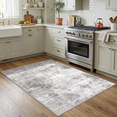 IOHOUZE Abstract Area Rug 4x5 Ft Washable Rugs for Entryway Indoor, Non Slip Small Living Room Rugs Printed Faux Wool Throw Rug, Floor Carpet for Kitchen Nursery Playroom, Grey Beige