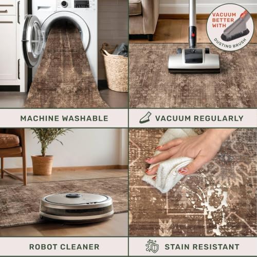 Brown Washable Long Runners for Hallways, 2'6"x12' Wide Kitchen Runner Rug, Entryway Indoor Rug, Non Slip Rubber Backing Boho Vintage Dark Floor Decor
