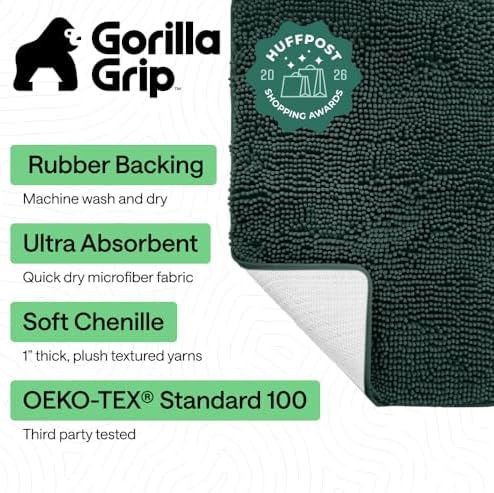 GORILLA GRIP Bath Rug Mat for Bathroom, Thick Chenille, 24x17 Hunter Green