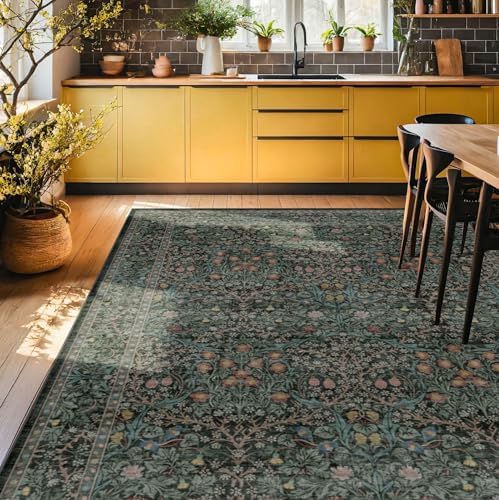Floral Dark Green Washable Area Rugs 8x10, Vintage Living Room Rug