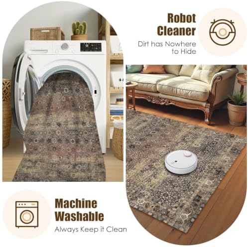 Washable Area Rug 9' x 12' Vintage Traditional Persian Mat - Foldable Distressed Non-Slip Machine Washable Carpet for Living Room Bedroom Kitchen Home Decor - Umber and Slate