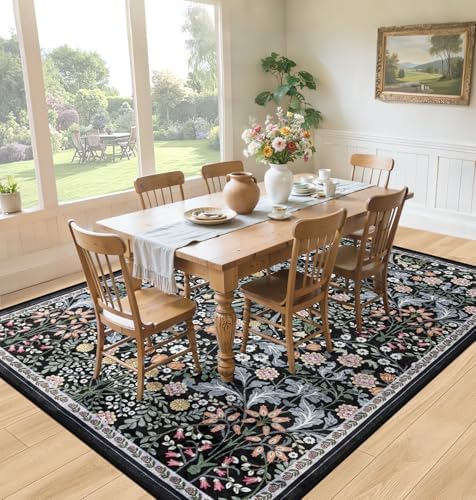 PLHXFR 6x9 Area Rug Living Room: Floral Washable Boho Carpet Dark Black