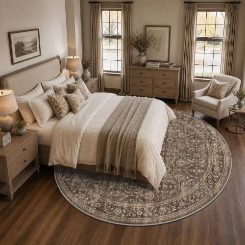 JOOJA 7x7 Dark Brown Vintage Low Pile Washable Boho Round Living Room Rug