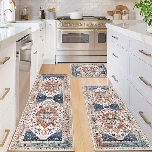 HEBE Boho Kitchen Rugs Set of 3, Non Slip Washable Kitchen Mats for Floor