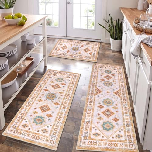 HEBE Boho Kitchen Rugs Set of 3, Non Slip Washable Kitchen Mats for Floor