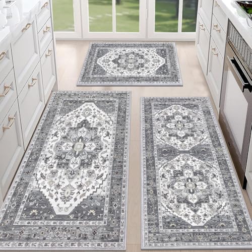 HEBE Boho Kitchen Rugs Set of 3, Non Slip Washable Kitchen Mats for Floor