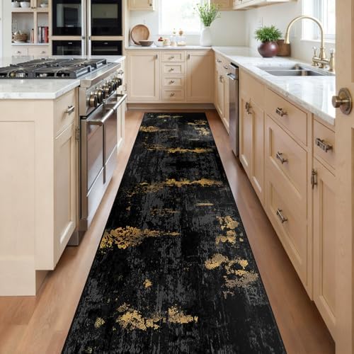 RELEANY Washable Runner 2'x8' Abstract Area Rug for Hallway Black Gold