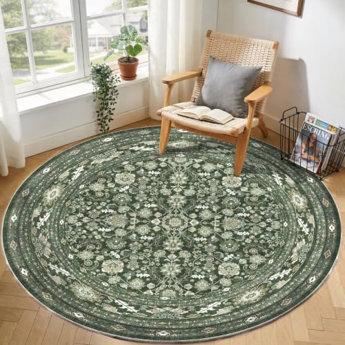 OPPODREAM Vintage Dark Green Area Rugs 5' Round, Washable Rug for Living Room