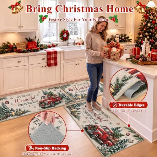 HEBE Christmas Kitchen Rugs Set of 3, Beige Washable Kitchen Mats for Floor
