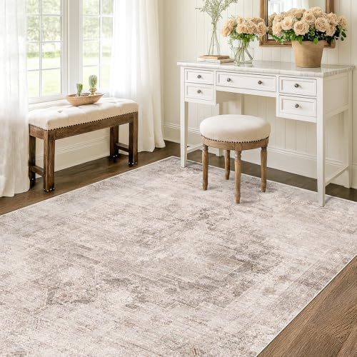 Washable 4x6 Area Rug for Entryway Indoor, Living Room, Kitchen, Bedroom Bedside - Stain-Resistant Non-Slip with Rubber Backing, Unique Floral Aesthetic Décor, Light Brown & Beige, Distressed Design