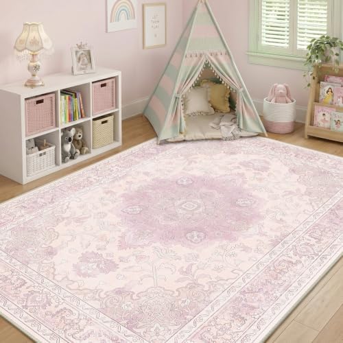 CAPALOCA 6x9 Washable Nursery Girls Low Pile Area Rug Light Pink