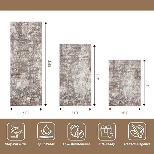 3-Piece Kitchen Rug Set with Runner – Non-Slip Washable Small Kitchen Mats for Floor, Sink & Entryway – Soft Boho Throw Area Rugs for Kitchen Decor (Brown Beige, 2x3+2x4+2x5)
