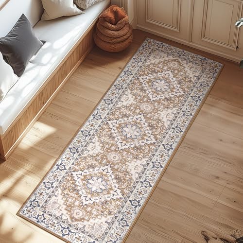 Lessymo Runner Rug 2.6 x 8 for Hallway, Washable Entryway Rugs Brown Beige
