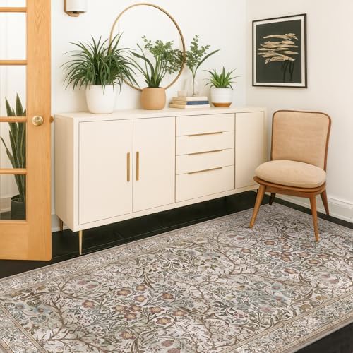 Vintage Moss Green 3x6 Runner Rugs for Large Entryway, Bedroom Beside Rug, Kitchen, Non-Slip Low Pile Ultra Soft Stain Resistant Small Floral Neutral Carpet