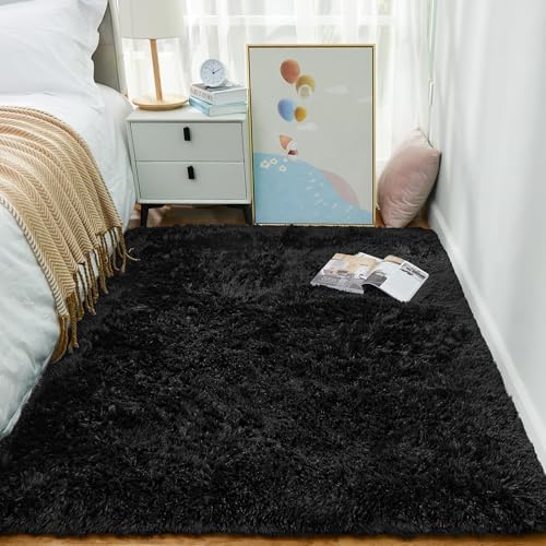 Ophanie 3x5 Black Rugs for College Dorm, Bedroom Small Area Rug, Non-Slip Fluffy Shaggy Bedside Soft Shag Fuzzy Plush Carpet for Kids Boys Teen Decor Aesthetic, Nursery with Over 99 pcs Pile fibers