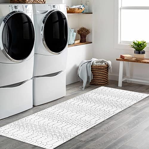 Lahome Moroccan Washable Runner Rug - 2x6 Non-Slip Throw Hallway Rug Runner Ultra-Thin Soft Kitchen Laundry Room White Print Distressed Carpet for Entryway Bathroom Living Room Hana