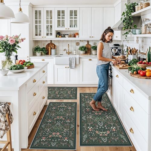 3 Piece Kitchen Rug Set, Washable Non-Slip Kitchen Mats for Hardwood Floor, Boho Farmhouse Kitchen Runner Rug for Sink,Entryway & Hallway & Bathroom (Dark Green, 2x3+2x4+2x5)