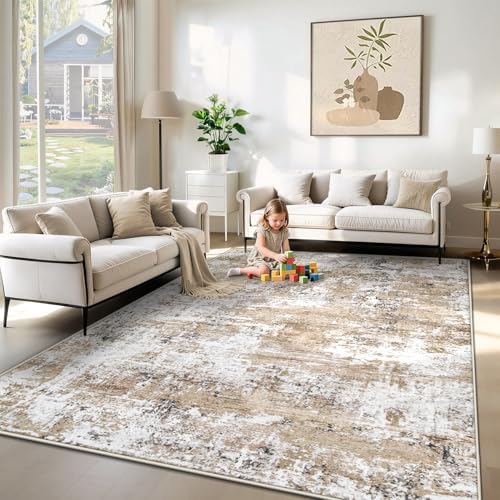XLUEZ 6x9 Area Rugs for Living Room, Washable Modern Abstract Large Area Rug Neutral Soft Non Slip Kids Rug Stain Resistant Indoor Carpet for Bedroom Nursery Dining Room Playroom(Beige, 6'x9')