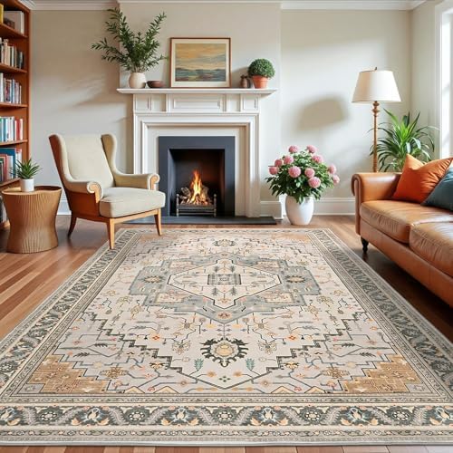 Macgace Washable Vintage Area Rug for Living Room, 5x7 Rugs Grey Beige