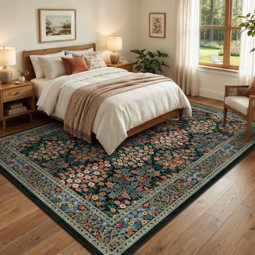 6x9 Area Rugs, Washable Floral Area Rugs for Living Room, Indoor Area Rug for Bedroom, Dining Room, Low Pile Non-Slip Non Shedding Rug(Black Floral)