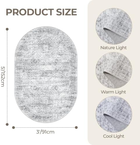 3x5 Oval Rug for Bedroom,Washable Area Rug,Grey