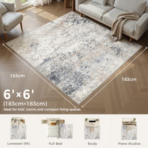 DMOYEST Square Area Rug Living Room Rugs - 6x6 Washable Large Soft Indoor Neutral Modern Abstract Low Pile Rug Carpet for Bedroom Dining Room Farmhouse Home Office - Beige Blue