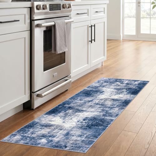 IOHOUZE Abstract Runner Rug 2x6 Ft Washable Runners for Hallways, Non Slip Kitchen Runner Printed Faux Wool Entryway Runner Indoor, Modern Abstract Floor Carpet for Hall Kitchen Bedroom, Navy/Grey