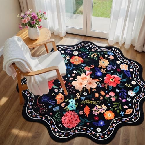 Macgace Floral Round Rug for Girls Bedroom, Washable 5ft Black Area Rugs