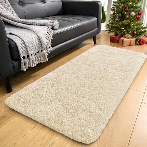 OLANLY 2x4 Machine Washable Runner Rugs for Hallway, Soft Fluffy Shaggy Bedside Rugs for Bedroom, Living Room, Indoor Floor Carpet for Kids Girls and Boys, Nursery Rooms, Home Decor Aesthetic, Cream