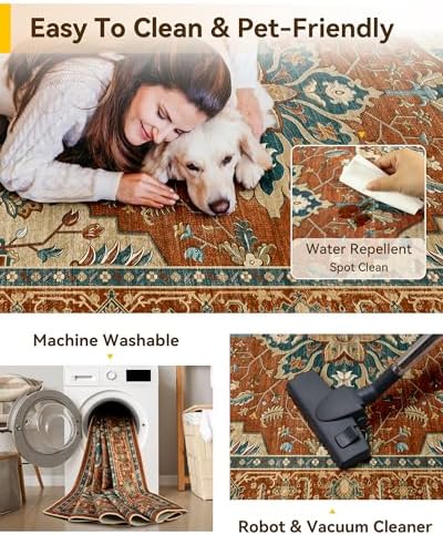 RELEANY Washable Area Rug, 3'x5', Red/Orange/Blue/Brown