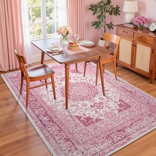 Macgace Washable Vintage Area Rug for Bedroom, 4x6 Cute Rugs Bright Pink