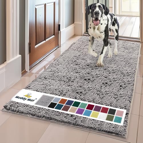 Muddy Mat® | Super Water Absorbent Door Mat Indoor, Microfiber Quick Dry Chenille Entryway Rug, Slip Resistant Front Door Mat, Indoor Mats for Entryway, Machine Washable Pet Rug, Grey 36"x120"