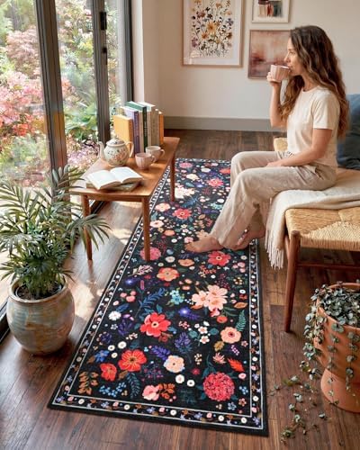 Macgace Floral Area Rug for Kitchen, Washable 2x6 Black Runner Rugs