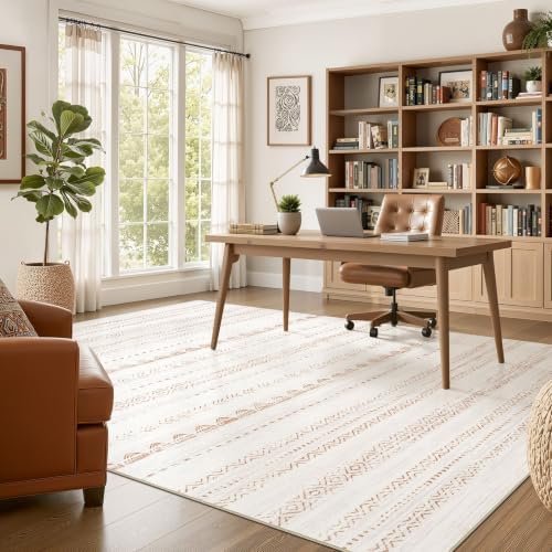 Nakagishi 10x13 Area Rugs Living Room: Washable Boho Large Neutral Soft Farmhouse Rug Stain Resistant Modern Moroccan Non-Slip Indoor Floor Carpet for Bedroom Nursery Kids Playroom Office- Brown